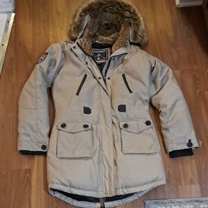 Storm MOUNTAIN. Tan Parka Jacket. Down And Feather Filled with Faux Fur Hood